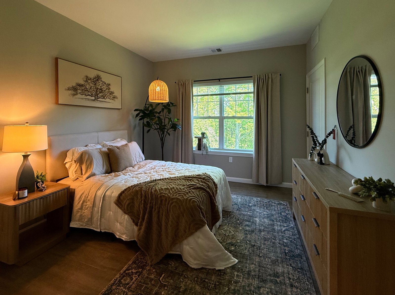Original phone photo of the bedroom — dim and uneven