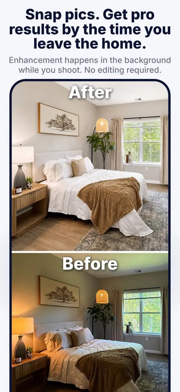 App Store screenshot: Snap pics, pro results before you leave, a bedroom before and after