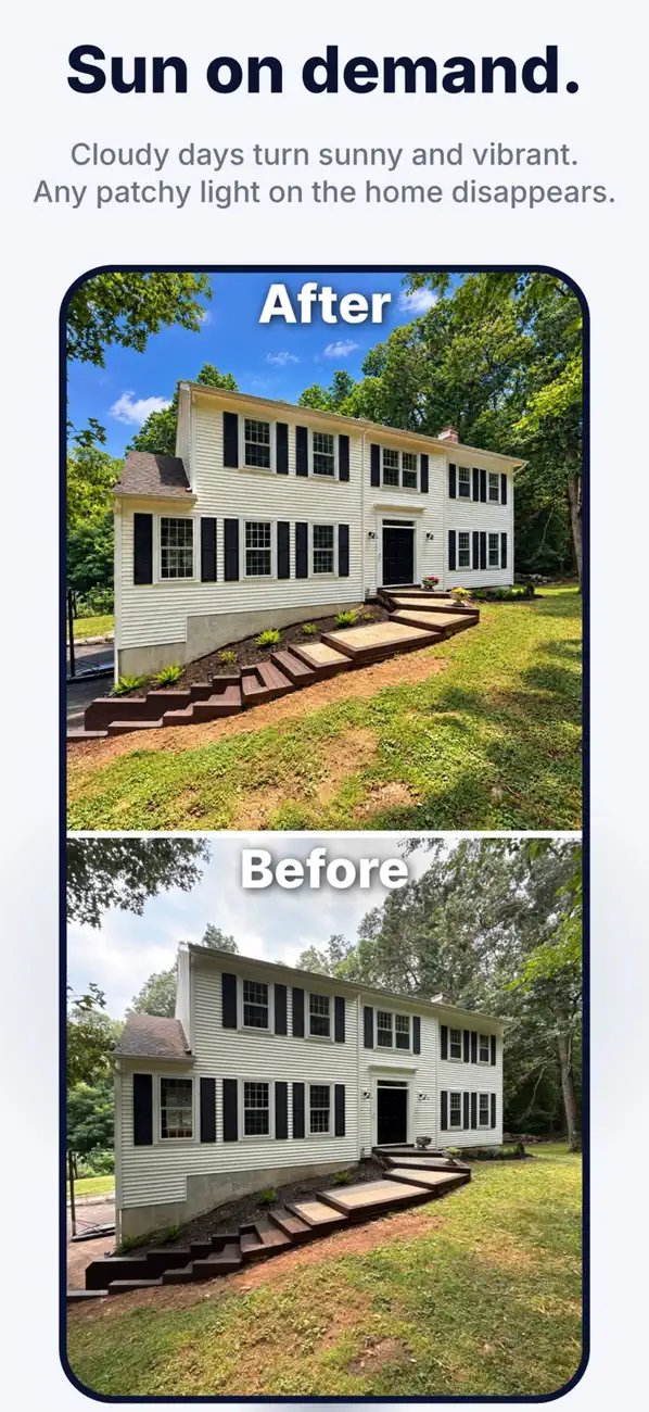 App Store screenshot: Sun on demand, an exterior before and after