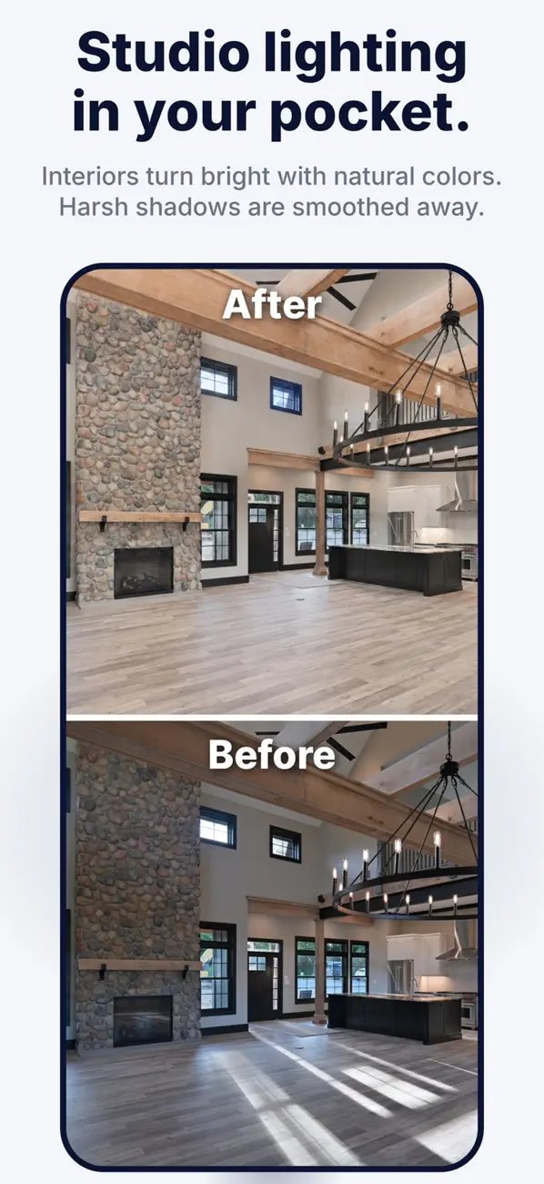 App Store screenshot: Studio lighting in your pocket, an interior before and after