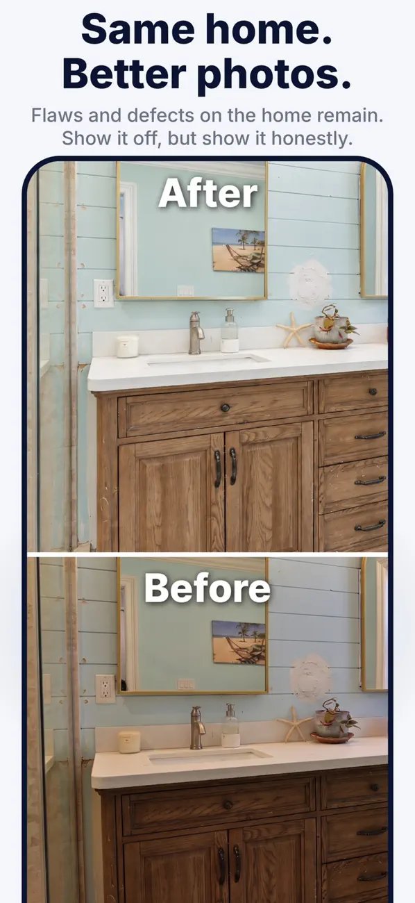 App Store screenshot: Same home. Better photos. A bathroom before and after with its flaws still visible